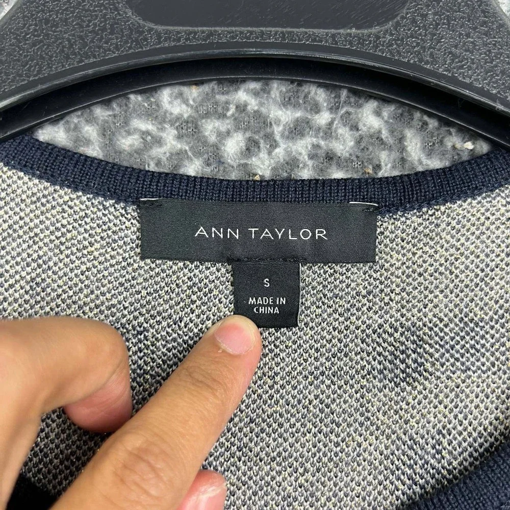 Ann Taylor Sweater Women Small Navy Blue Gold Metallic Merino Wool Blend S